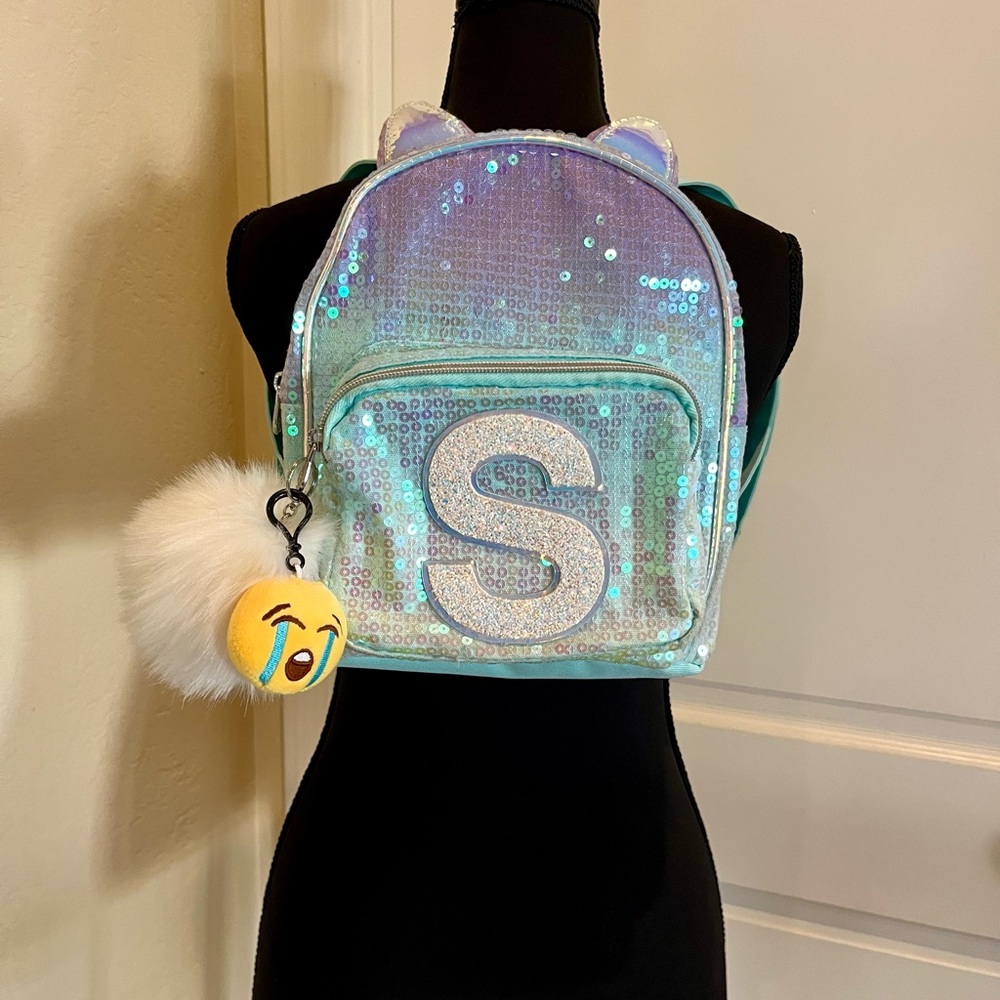 Justice Sequin Kids Backpack with Emoji Pom-Pom - Blue and White